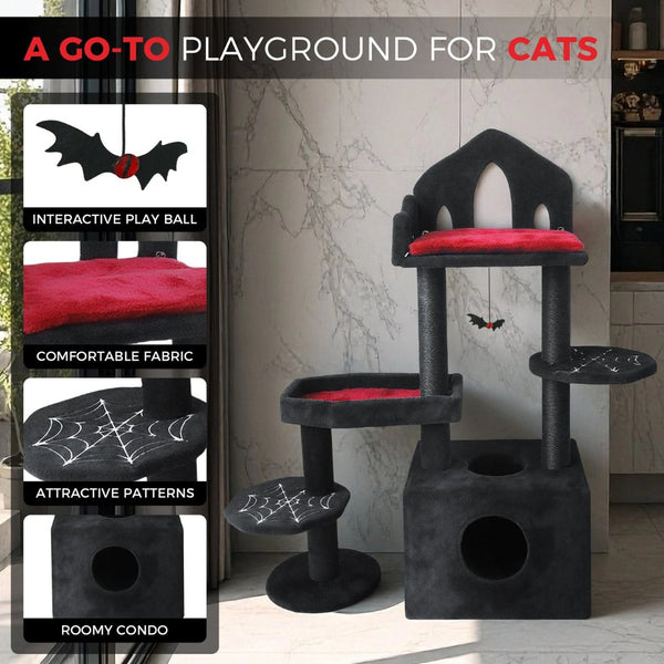 English Elm Black Gothic Multi-level Cat Tower with Coffin Perch Sisal Posts and Hammock W243P326635