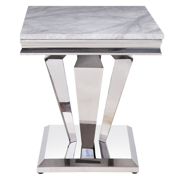 English Elm Light Light Grey and Silver End Table Cultured Marble Top Stainless Steel Frame Modern Luxe Centerpiece B062S00458