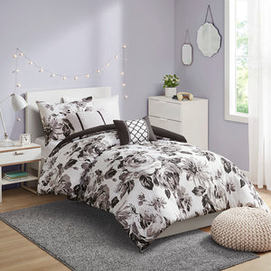 JLA Home Intelligent Design - Floral Black & White Microfiber Comforter Set with Bold Floral Face, Solid Reverse and Decorative Pillows 90 L x 68 W x 1H ID10-1590