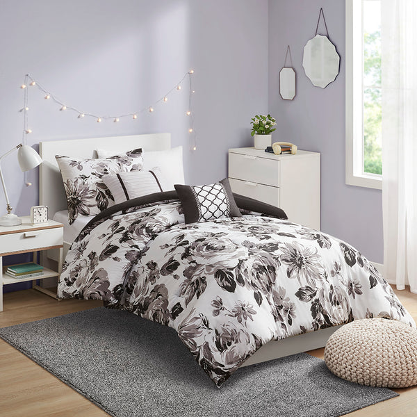 JLA Home Intelligent Design - Floral Black & White Microfiber Comforter Set with Bold Floral Face, Solid Reverse and Decorative Pillows 90 L x 68 W x 1H ID10-1590