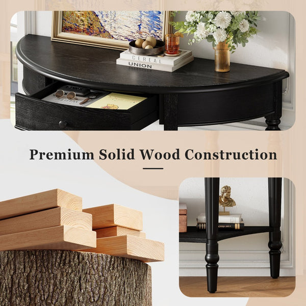 English Elm Trexm Farmhouse Half Moon Entryway Console with Drawer Open Shelf Pine Legs Black N715P383795B