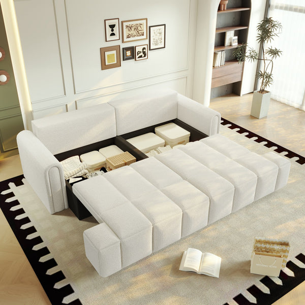 English Elm 90.2" 3-in-1 Convertible Sleeper Sofa Bed with Teddy Fabric & Storage, King-Size Comfort for Living Beige+White W1885S00249