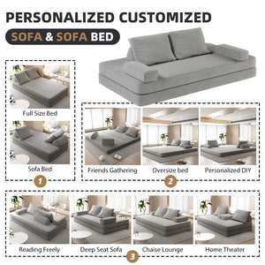 English Elm 86.6"Multifunctional Folding Sofa Bed with Chaise, Fluffy Chenille, Removable Backs & Pillows, Deep Seat Lounge LIGHT GREY W3219P340666