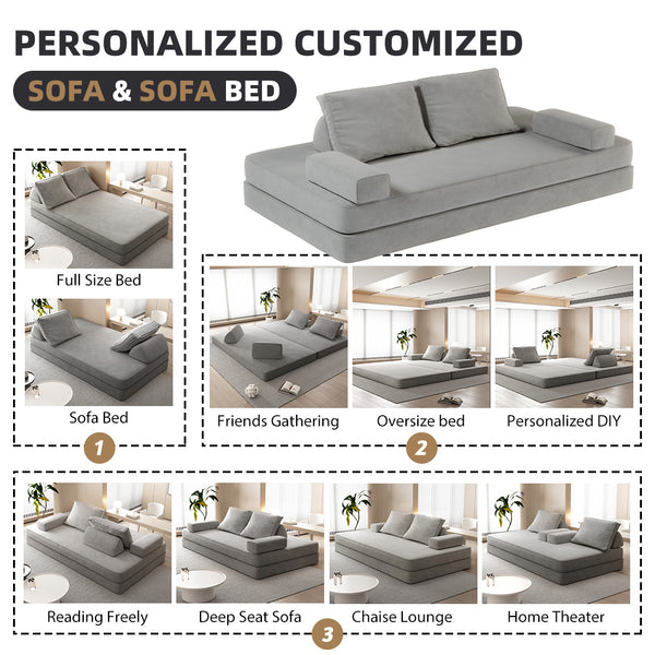 English Elm 86.6"Multifunctional Folding Sofa Bed with Chaise, Fluffy Chenille, Removable Backs & Pillows, Deep Seat Lounge LIGHT GREY W3219P340666