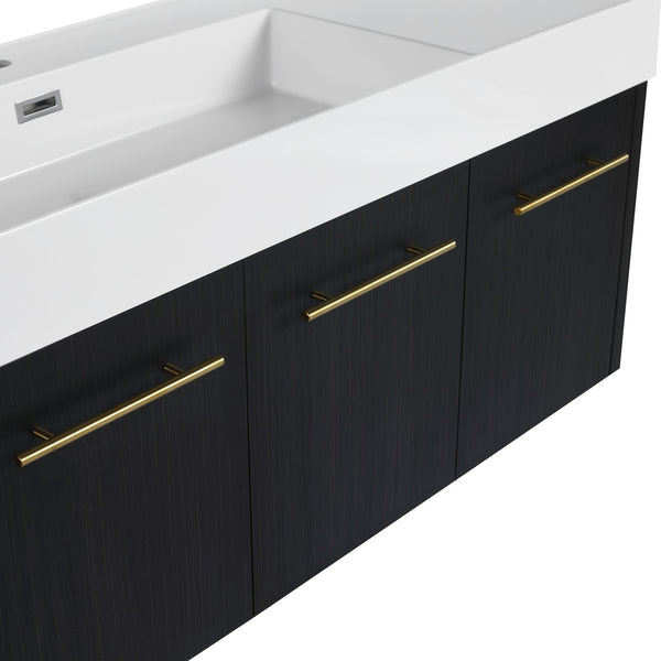 English Elm 48 Inch Wall-Mounted Bathroom Vanity Set With Left Basin Sink, Storage Rack & Soft-Close Hinges W999S00371