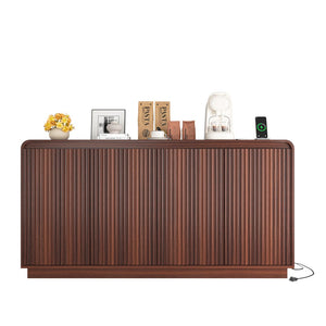 English Elm Black Fluted Wave Door Media Console with Built-in Power Outlet and Adjustable Shelving Walnut W409P452058