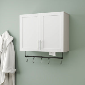 English Elm Bathroom Wall Cabinet with Adjustable Shelf, Towel Bar, 5 Hooks, Space-Saving Over-Toilet Storage, White W331P281277
