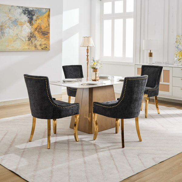 English Elm Chenille Plush Dining Chair with Curved Gold-Plated Legs, Rivet Trim, Textured Upholstery Comfort Black W1143P332685