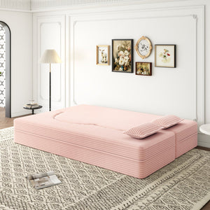 English Elm Modern Full Size Folding Sofa Bed Plush Corduroy Convertible 2-Pillow Sleeper 15" Foam Mattress, Beige W1885P371313