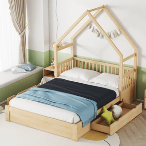 English Elm Wood Queen Size House Platform Bed with Guardrail and 2 Drawers — Charming Kids’ Playful Storage Bedframe Natural GX000726AAN