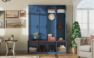 English Elm Farmhouse Hall Tree with Triple Arch Back Panel Eight Hooks Drawers and Entryway Bench Blue N721S000059C-1