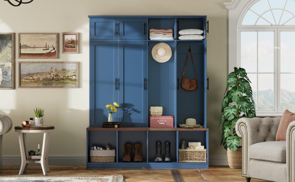 English Elm Farmhouse Hall Tree with Triple Arch Back Panel Eight Hooks Drawers and Entryway Bench Blue N721S000059C-1