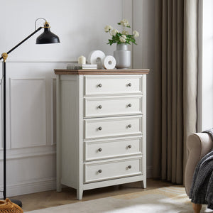 English Elm Modern 5-Drawer Dresser Tall Chest with Smooth-Glide Drawers, Metal Handles, Stable Feet, Beige Finish W2275P233488