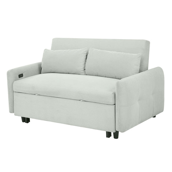 English Elm 57.48" Pull-out Sofa Bed Loveseat with USB Ports, Corduroy Upholstery, Pocket Spring Comfort, Compact Convertible Sleeper Pale Green N719P185194E