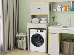 English Elm Over the Washer and Dryer Storage Cabinet Antique White — Space-Saving Laundry Organizer with Adjustable Shelf, Faux Drawer, Sturdy MDF Build (46" x 27" x 7") W1120P327070