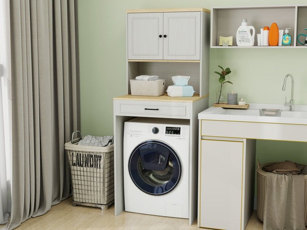 English Elm Over the Washer and Dryer Storage Cabinet Antique White — Space-Saving Laundry Organizer with Adjustable Shelf, Faux Drawer, Sturdy MDF Build (46" x 27" x 7") W1120P327070