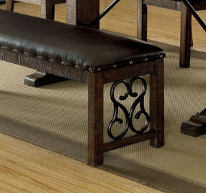 English Elm Traditional Brown Leatherette Bench with Metal Scrollwork and Nailhead Trim, Rustic Walnut Finish, 56" B011P246017