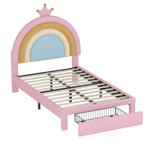 English Elm Twin Velvet Rainbow Bed with Storage Drawer — Pink Upholstered Platform, No Box Spring Needed, Cute N733P234606H
