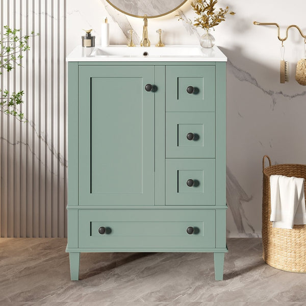 English Elm 24-inch Matte Bathroom Vanity Rubberwood Cabinet with Ceramic Sink and Soft-close Drawers Light Green N729P377516F