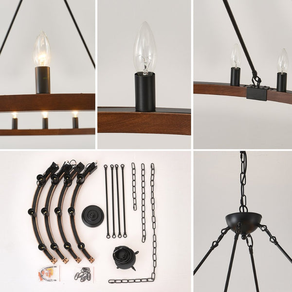 English Elm 31.5 Inch Wagon Wheel Chandelier Wood Matte Black 12-light Farmhouse Pendant Fixture W5008P464752