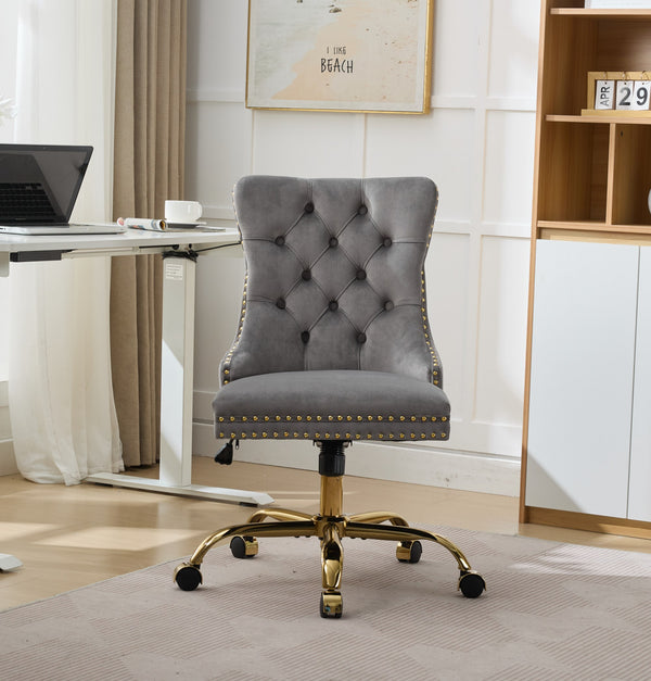 English Elm A&A Velvet Tufted Office Chair with Hand-Pulled Buttons, Nailhead Trim & Golden Metal Base, Luxe Comfort Gray W1143P292468