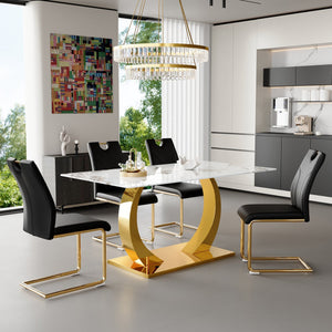 English Elm Marble-Patterned Foldable Dining Table With 4 Black U-Shaped Armchairs - Modern, Space-Saving Set W2920S00087