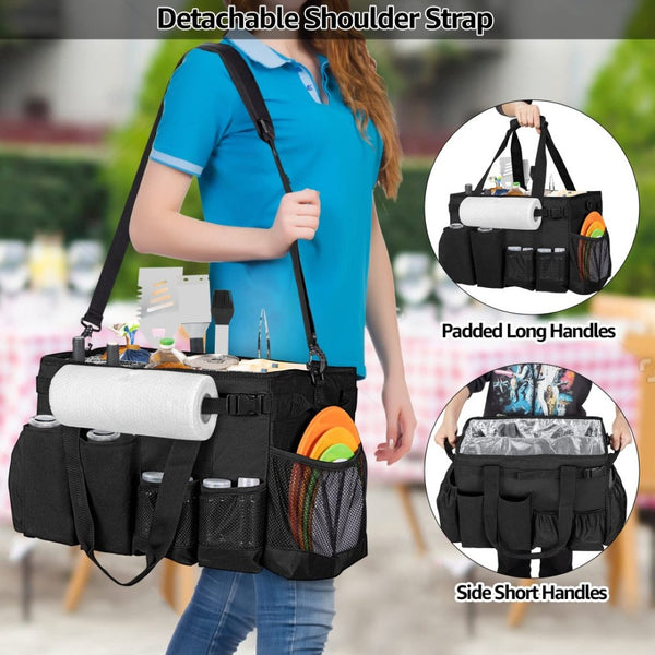 English Elm Picnic Bbq Caddy Bag with Aluminum Interior Mesh Pockets and Foldable Organizer W2181P481692
