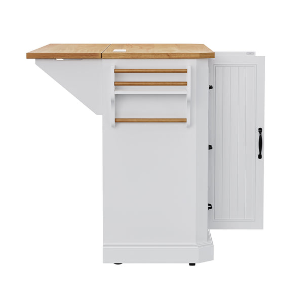 English Elm K&K 56-Inch Kitchen Island Cart with Embossed Vertical Stripe, Drop Leaf, Charging Station, Storage White N707P266184W