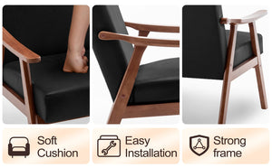 English Elm Mid-Century curved armchair with solid wood frame, extra-thick backrest, comfy lounge seat for home decor Black PU W2200P186174