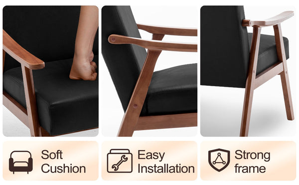 English Elm Mid-Century curved armchair with solid wood frame, extra-thick backrest, comfy lounge seat for home decor Black PU W2200P186174
