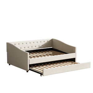 English Elm Full Size Daybed With Twin Trundle - Elegant Upholstered Sofa Bed With Tufted Back & Nailhead Trim W2336S00037