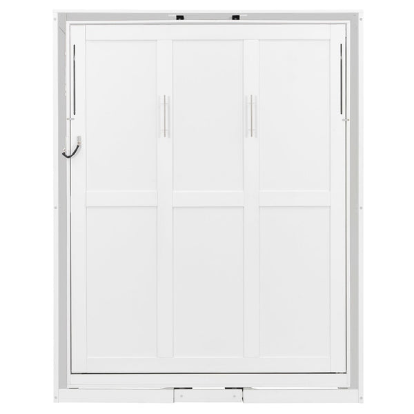 English Elm Rotating Queen Murphy Wall Bed with 14 Open Shelves Hydraulic Lift Space Saving White LP000962AAK