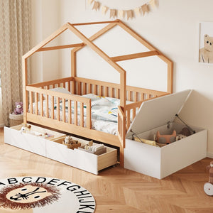 English Elm Toddler Playhouse Bed Solid Pine Frame with Storage Drawers Safety Gate Kids Room N899P429858N