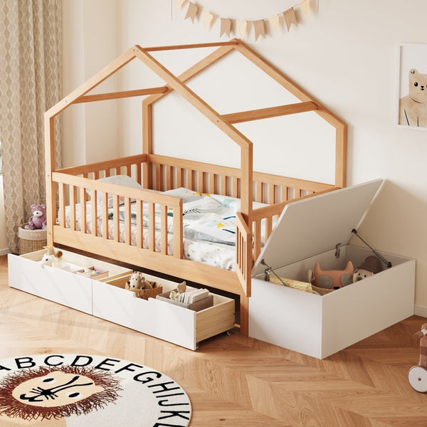 English Elm Toddler Playhouse Bed Solid Pine Frame with Storage Drawers Safety Gate Kids Room N899P429858N