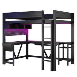 English Elm Wood Full Size Gaming Loft Bed With Integrated Desk, Charging Station & Led Lights - Black Finish N7090004022B-GIGA
