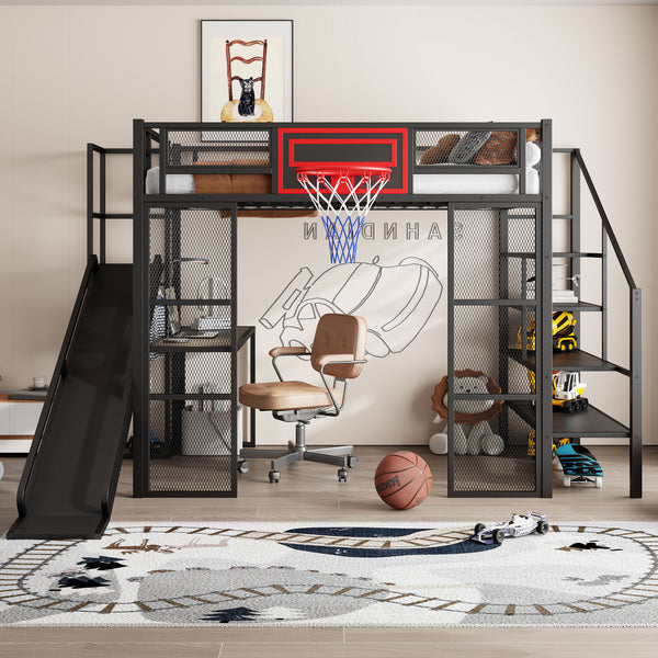 English Elm Full Full Size Metal Loft Bed with Built-In Desk, Slide, Basketball Hoop and Open Wardrobe Storage Black GX001524AAB