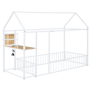 English Elm Twin House Bed Frame with Roof & Fence, Metal Twin Loft with Built-In Desk Shelves USB Outlets White N737P173490K