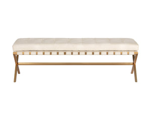 Sunpan Kenji Bench - Elegant Trestle Style with Brushed Gold Finish and Button Tufted Faux Leather Seat Small
