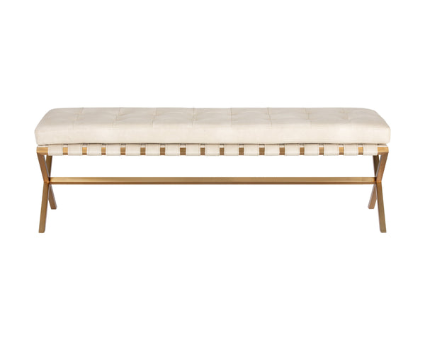 Sunpan Kenji Bench - Elegant Trestle Style with Brushed Gold Finish and Button Tufted Faux Leather Seat Small