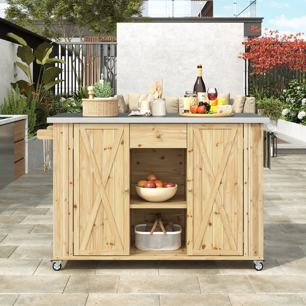 English Elm Outdoor Kitchen Island Solid Fir Wood with Foldable Stainless Top, Ample Storage, Wheels, Opener Natural Wood N719P246553Y
