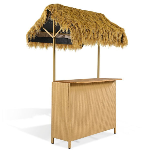 English Elm Go Tropical Tiki Bar Patio Set Acacia Wood Top Pe Wicker Stools with Grass Canopy WF530958AAA