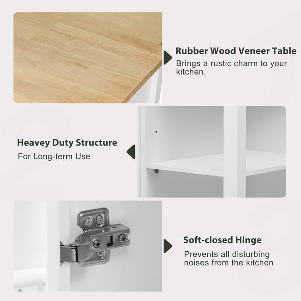 English Elm K&K 47 Inch Kitchen Island with Extendable Dining Table, Rolling Storage Cabinet, Built-In Power White N707P215327W