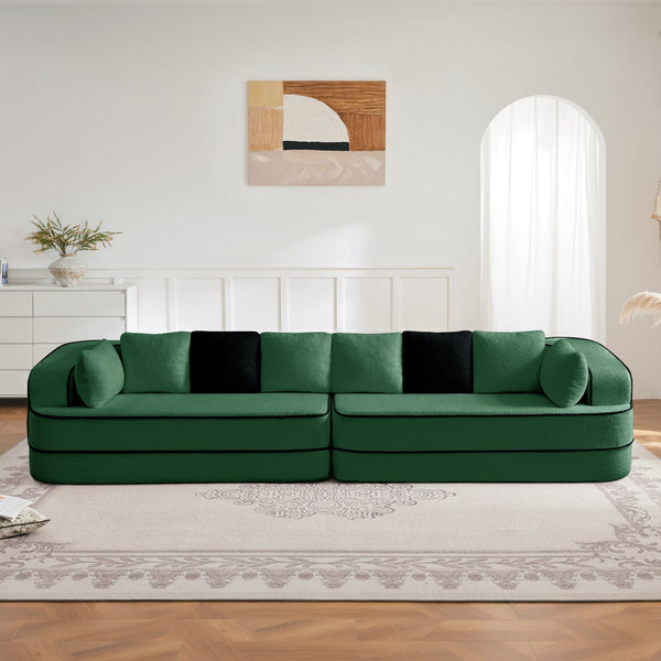 English Elm 135" Plush Teddy Fabric 4-Seat Modular Sofa No Assembly Cloudlike 32D High‑Resilience Comfort Lounge Green W714S01423