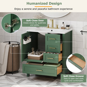 English Elm 30" Green Modern Bathroom Vanity with Ceramic Sink, Solid Wood Frame, Soft-Close Doors & Drawers N729P177787F