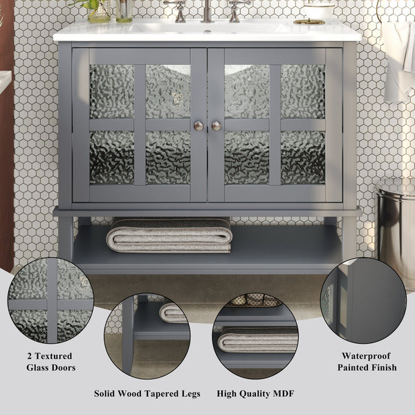 English Elm Christopher Knight Home® - 36" Bathroom Vanity with Ceramic Sink, Solid Wood Legs, Waterproof Finish, Soft-Close Hinges, Open Shelf, Silver Knobs Gray N817P286249G