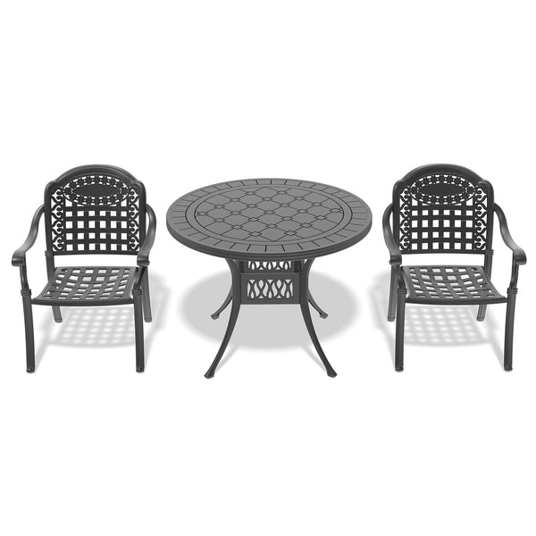 English Elm 3-Piece Elegant Cast Aluminum Patio Furniture Set With Cozy Blue Cushions For Outdoor Relaxation W1710S00069