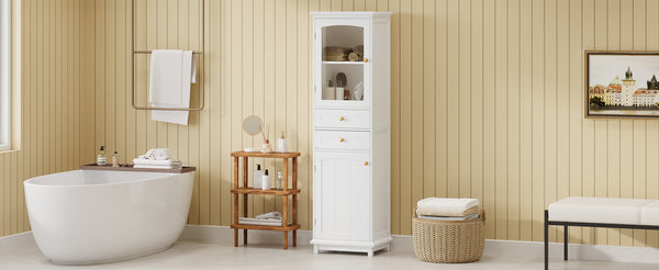 English Elm 63" Tall Bathroom Vanity Cabinet with Glass Doors, Two Drawers and Adjustable Shelves for Stylish Storage White N729P171305K