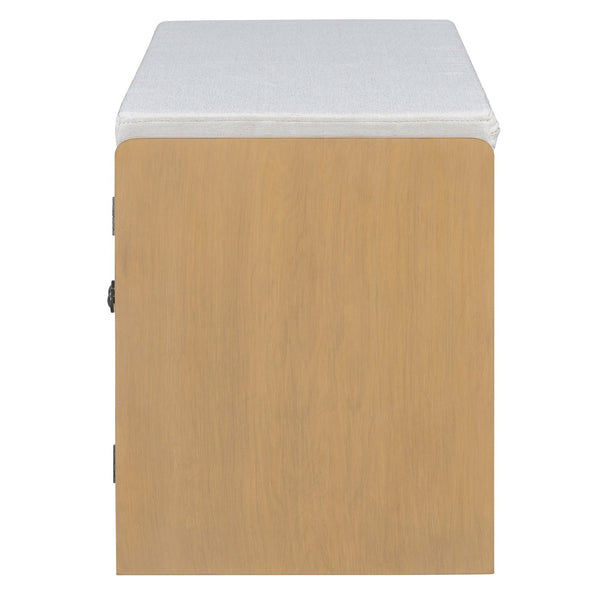 English Elm TREXM Rustic Storage Bench with Woven Rattan Doors, Removable Cushion & Adjustable Shelves for Entryway Home Organizing Beige,Brown N715P308013D