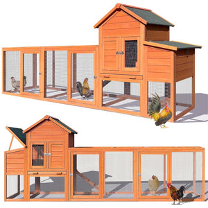 English Elm 123'' Fir Wood Chicken Coop Nesting Boxes Mesh Run Ramp and Tray for 8 Hens W3166P288596