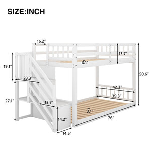 English Elm Twin Over Low Profile Floor Bunk Bed Pine Wood Frame with Storage Ladder Steps White SM000106AAK-1